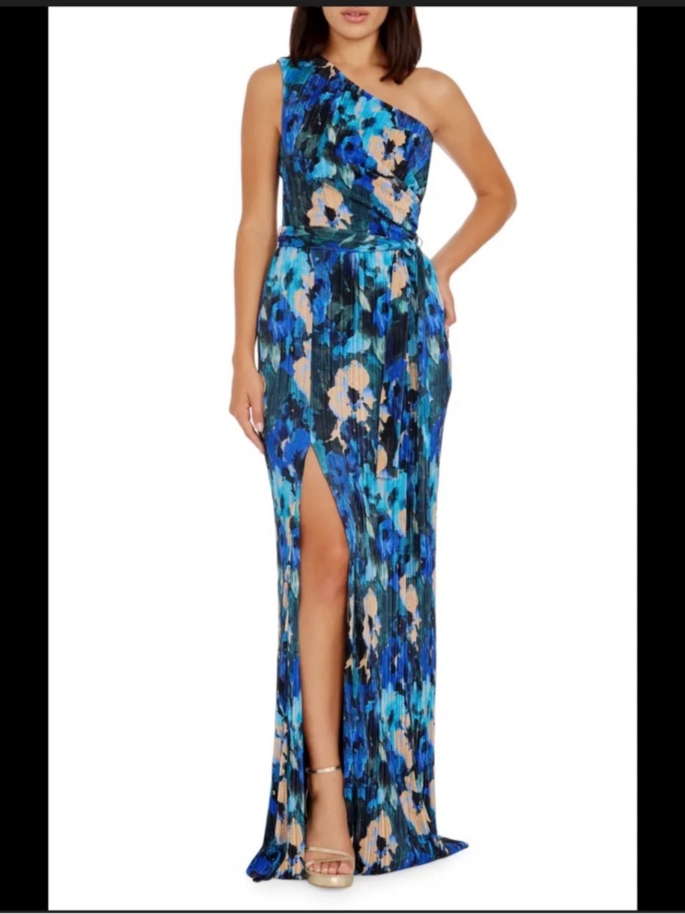 Dress the Population One-Shoulder Blue Floral Pleated Gown – Size Small (NWT)